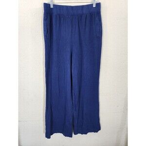 Brushed Womens Lounge Pants Large Rayon Blend Blue Wide Leg Stretch Pockets